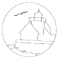 A line drawing of a circle with a seabird, lighthouse and breakwater