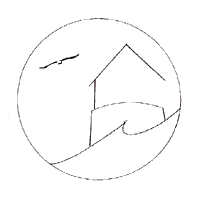 A line drawing of a circle with a seabird, lighthouse and waves