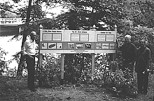 The Gulf of Maine Council provided some funding for the St. Croix Estuary Project to develop a series of five interpretive signs. From left: Paul Casey, Chair of the St. Croix Estuary Project; Allen Gillmor, Mayor of St. Stephen, New Brunswick; and Wayne Tallon, St. Stephen Town Manager, at one of the signs, near the international bridge between St. Stephen and Calais, Maine.