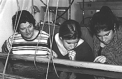 Marine Science Teacher Cathy Silver (left) brought some of her students, including Jackie Lacrosse (middle); and Jen Cennamie (right) to Aquatic Research Organisms to learn about the aquatic organism food chain and about the aquaculture business.